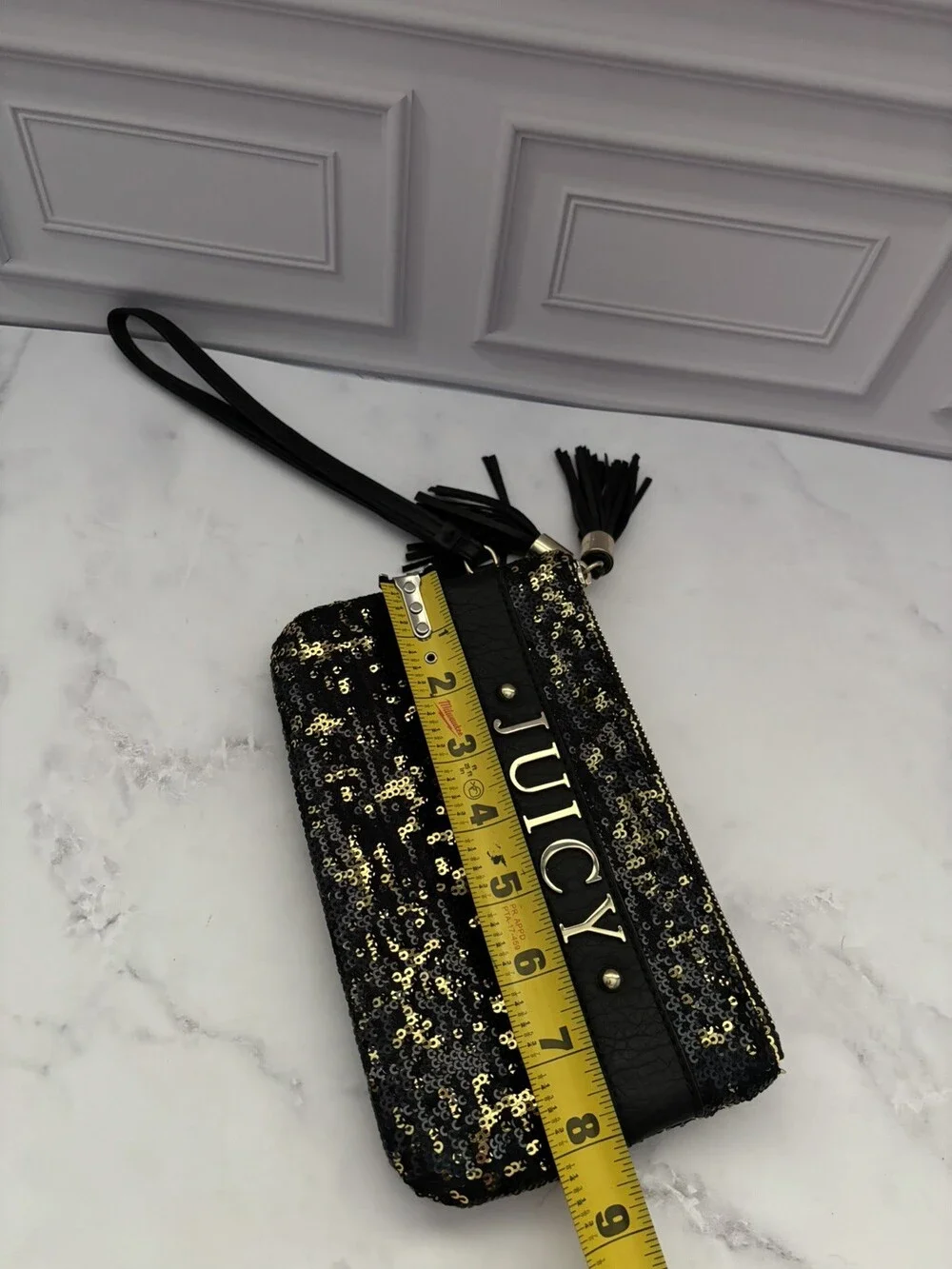 Juicy Couture Black Gold Sequin Double Zip Wristlet Clutch Wallet Tassel Bag